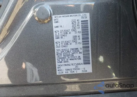 2016 Nissan Rogue Sv z USA, uszkodzony, nr VIN 5N1AT2MV0GC925864